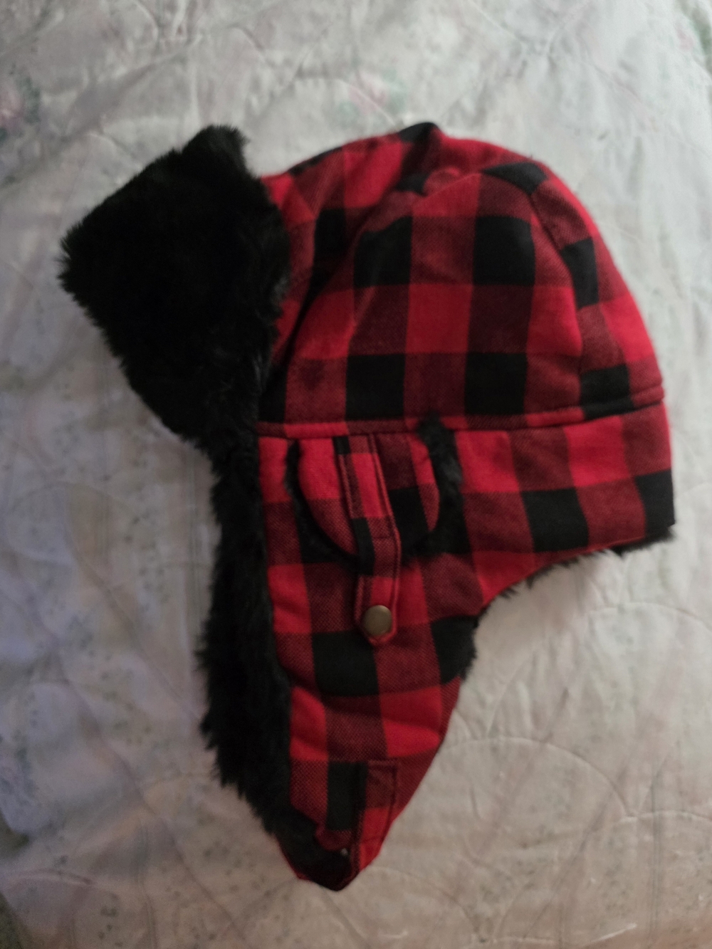 New Unisex One Size  Red and Black Buffalo Plaid Trapper Hat with Faux Fur